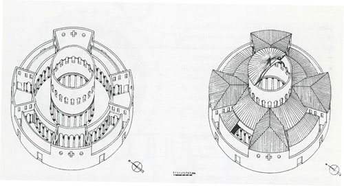 Roma. Ricostruzione del progetto originario (a sinistra) e grafico con cupola e volte (a destra) della chiesa di Santo Stefano Rotondo (da Brandenburg 2000)
