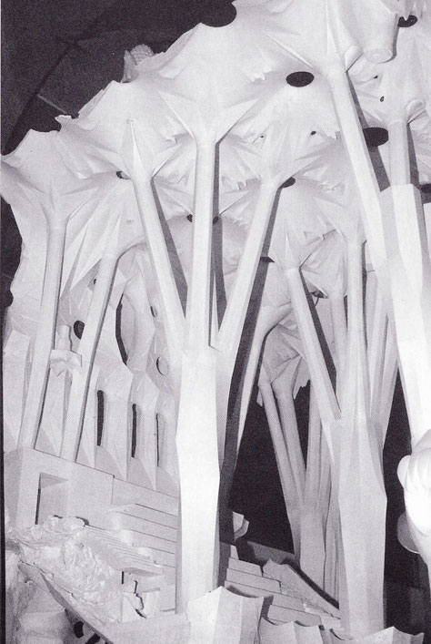 Sagrada Familia. Modello in gesso del soffitto a paraboloidi iperbolici su pilastri arborescenti