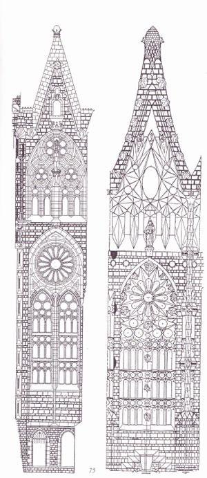 Disegno delle grandi finestre delle navate laterali della Sagrada Familia (a destra) dalle forme a parabola, al confronto col disegno di una finestra gotica (a sinistra)