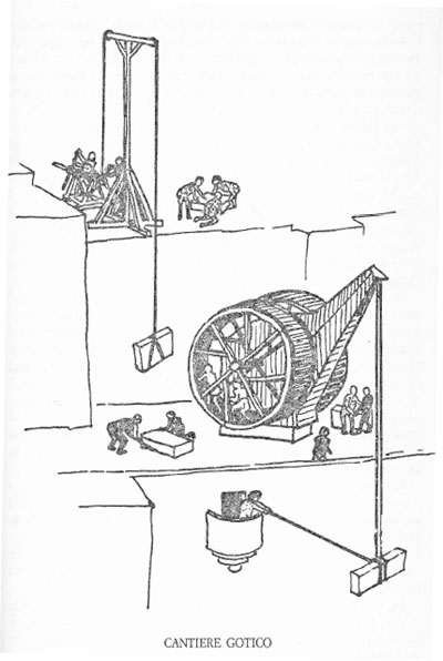 Alcune macchine usate nei cantieri: si noti l'argano a gabbia di scoiattolo con doppia ruota a braccio girevole