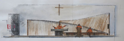 Roberto Rosset, schizzo dell'allestimento presbiteriale in progetto, 1990 (archivio Rosset)