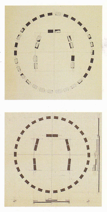 Stonhenge, schema planimetrico dell'esistente e ipotesi ricostruttiva della planimetria originaria.