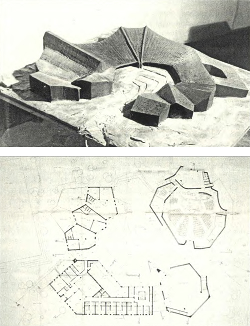 Il progetto vincitore del Concorso del 1967, firmato da Bagliani, Bersano-Begey, Corsico, Giriodi, Roncarolo: il modello e la pianta della prima soluzione.