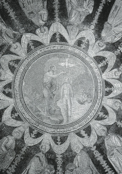 Ravenna, battistero Neoniano o degli Ortodossi, mosaico e stucco, particolare della cupola con Il Battesimo e gli apostoli, 458 circa