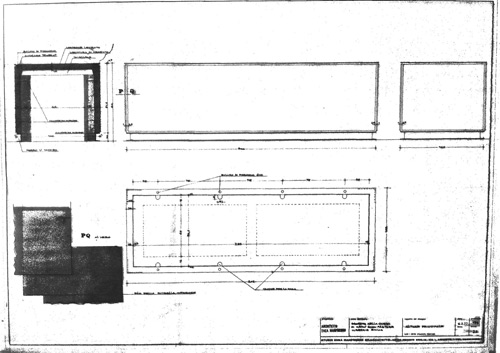 Progetto dell'altare, 1977: prospetti, sezione e dettaglio costruttivo del montaggio delle lastre (archivio Manfredini)