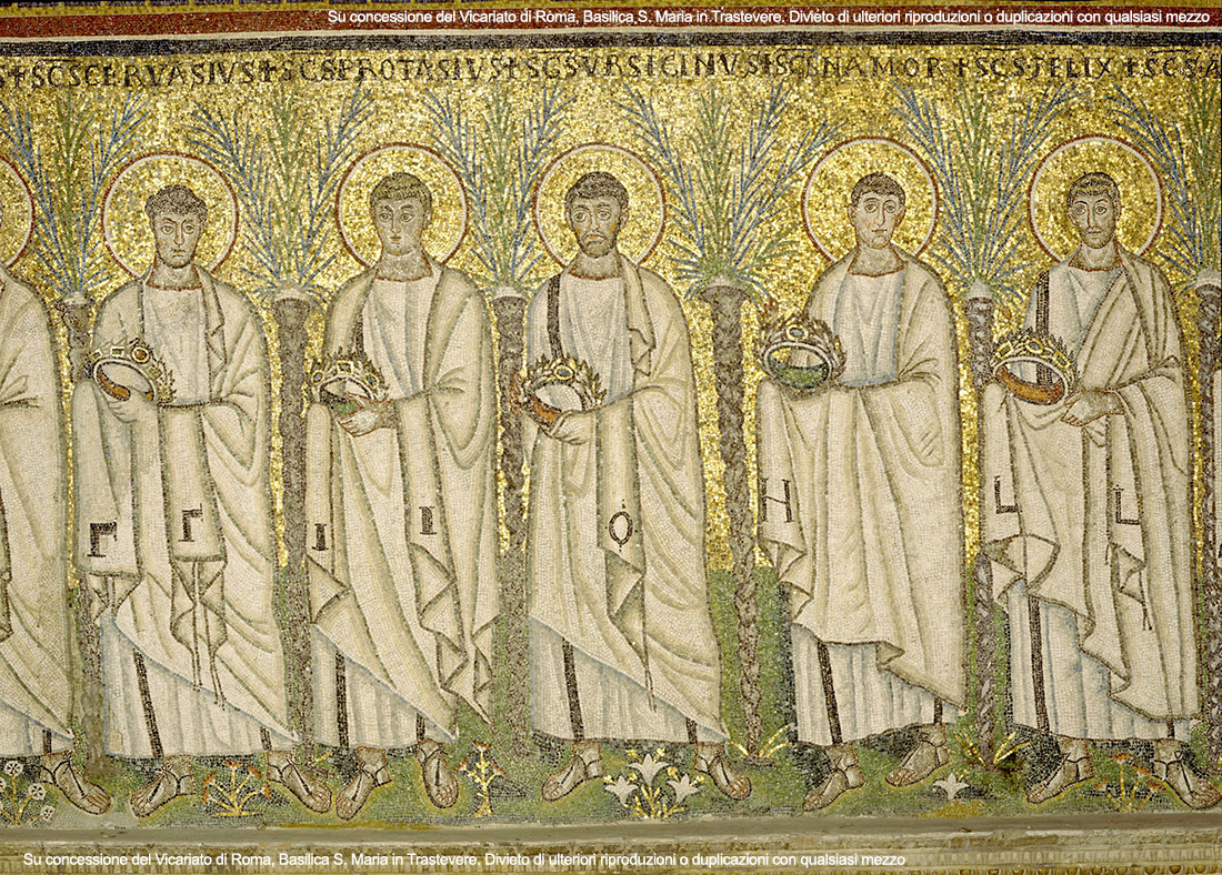 Teoria dei Santi, mosaico, parete meridionale, registro inferiore, Basilica di Sant’Apollinare Nuovo, VI sec., Ravenna.