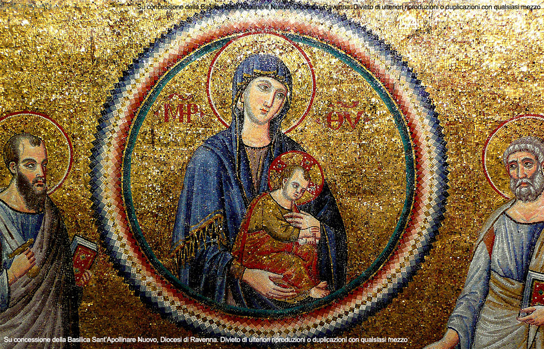 Pietro Cavallini, mosaico della Madre di Dio fra i Santi Pietro e Paolo (particolare), 1291, Santa Maria in Trastevere, Roma.