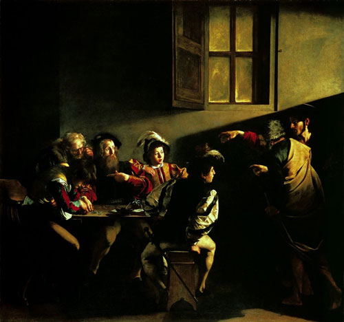 Caravaggio La vocazione di san Matteo (1599-1600), Roma, San Luigi dei Francesi. (Foto da Wikipedia)